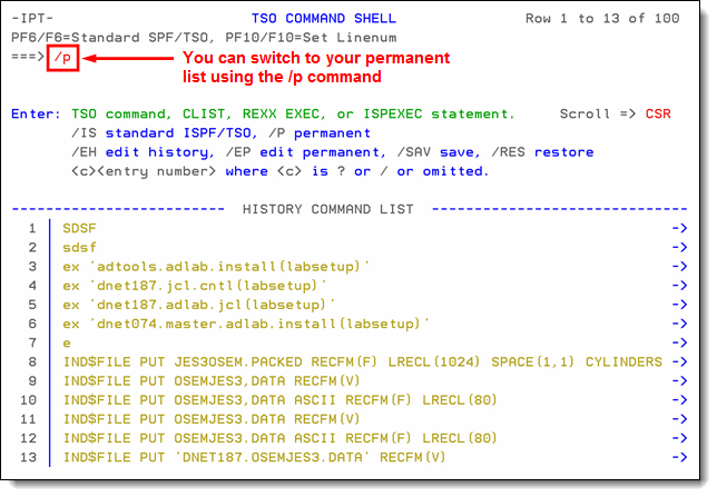 History command list in the TSO command shell